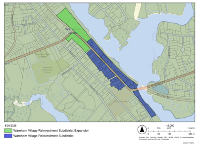 The land in green is proposed to be added to the current Wareham Village district, in blue. Photo source: Joshua Faherty