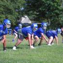 The offensive line practices their stances and footwork. Photo by Christian Uva